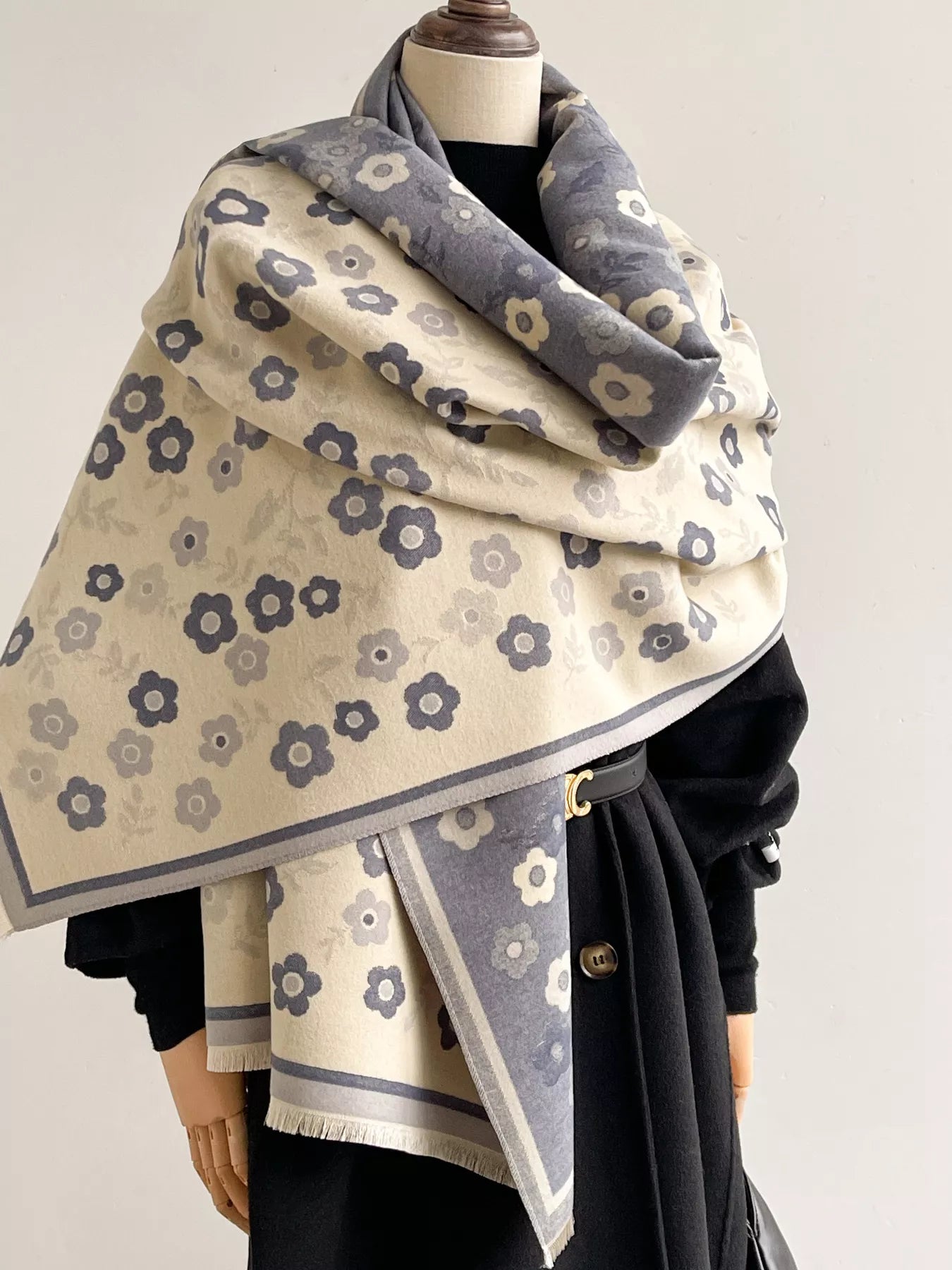 Floral Print Warm Winter Scarf Blue One Size