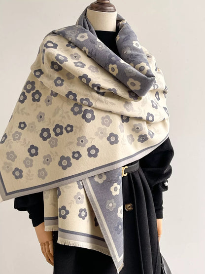 Floral Print Warm Winter Scarf Blue One Size