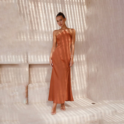 Women Dress Solid Color Slim Fit Backless Halter Tight Dress