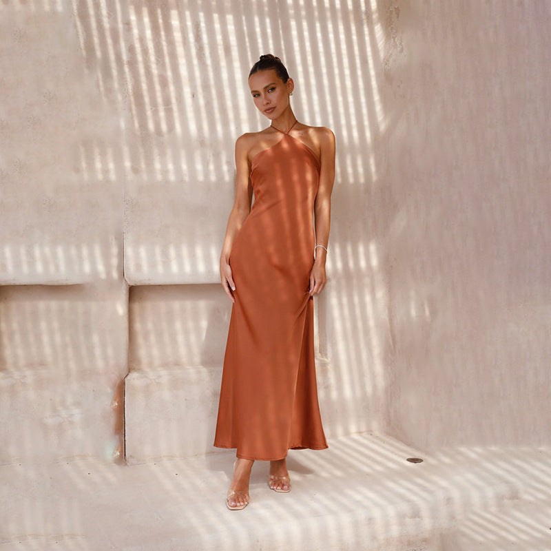 Women Dress Solid Color Slim Fit Backless Halter Tight Dress