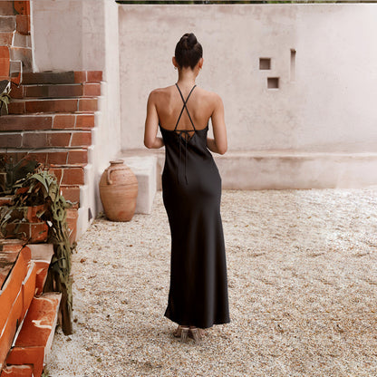 Women Dress Solid Color Slim Fit Backless Halter Tight Dress