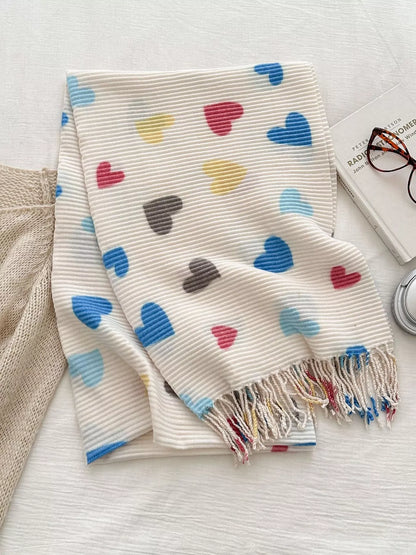 Heart Patterned Tassel Scarf Cream One Size