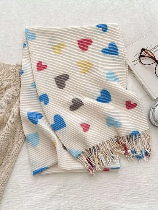 Heart Patterned Tassel Scarf Cream One Size