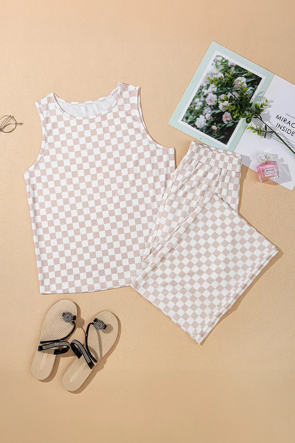 Ribbed Texture Checkered Print Tank and Pants Set