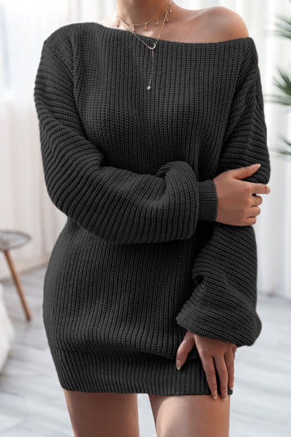 Boat Neck Long Sleeve Mini Sweater Dress Black