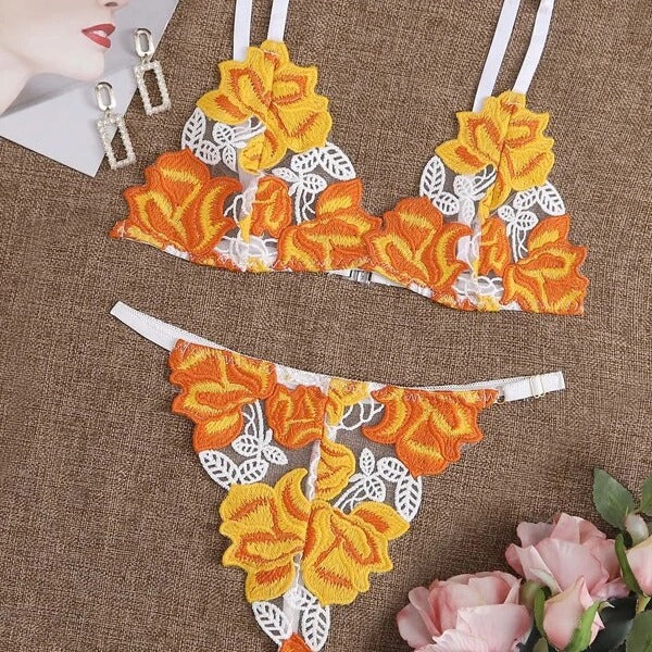 Sexy Contrast Color Lace Ultra Thin Bra Set Perspective Lace Strap Three Point Sexy Lingerie Yellow