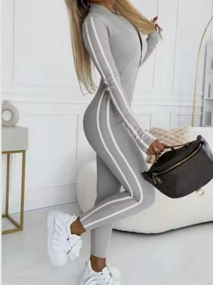Full Size Stripe Zip-Front Long Sleeve Jumpsuit Plus Size Gray