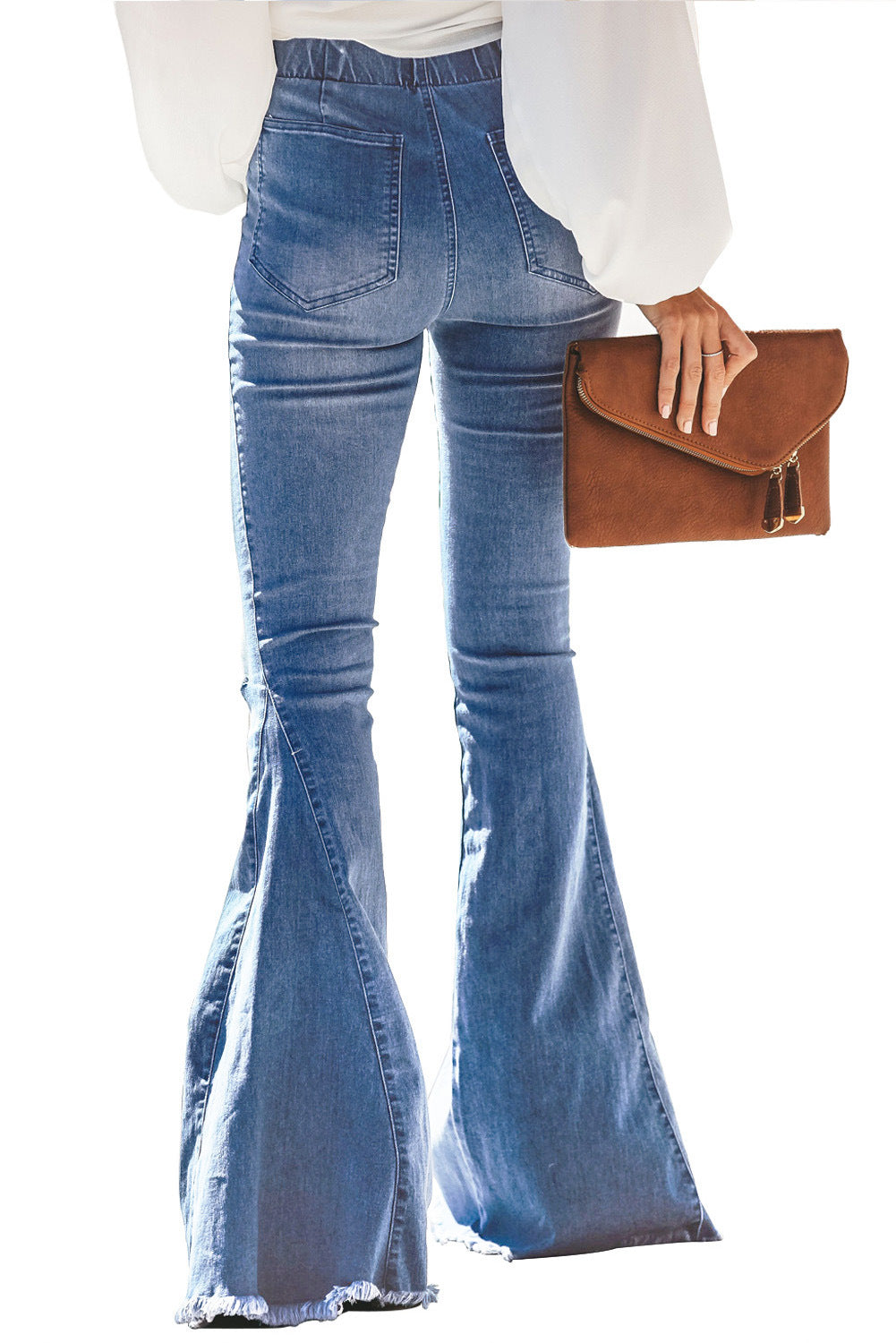 Quality High Waist Elastic Knee Hole Bell-Bottoms Mop Pants Sky Blue