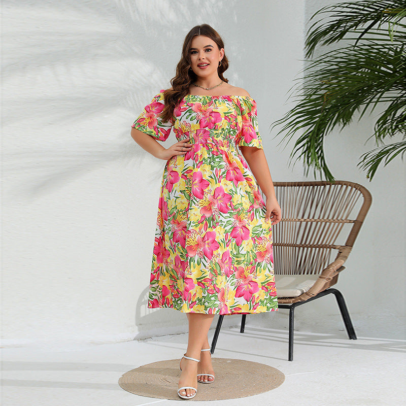 tight floral midi dress Plus Size Western off Neck Dress Elegant Floral Midi Dress Tight Waist Lady Ros