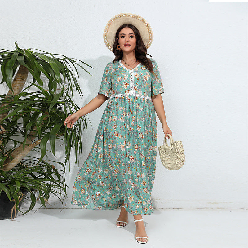 Plus Size V neck Printed Dress Lace Stitching Loose Floral Dress Beach Vacation Beach Dress