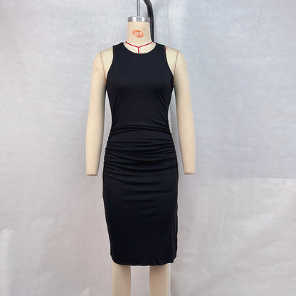 Women Clothing Summer round Neck Sleeveless Tight Waist Hip Split Dress Women
