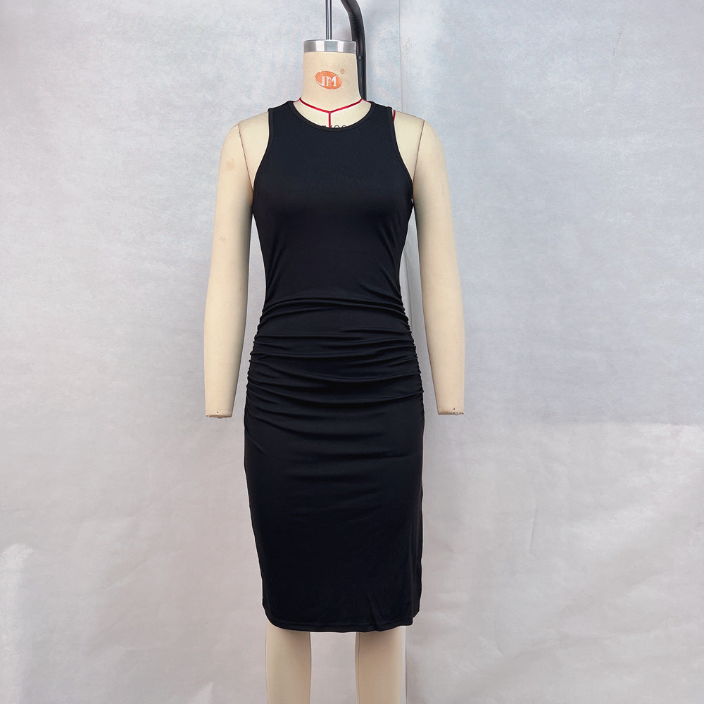 Women Clothing Summer round Neck Sleeveless Tight Waist Hip Split Dress Women