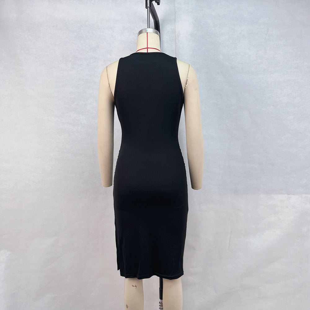 Women Clothing Summer round Neck Sleeveless Tight Waist Hip Split Dress Women