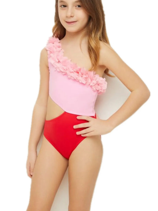Cutout One Shoulder Contrast Parent-Child Swimwear