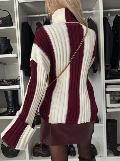 Striped Turtleneck Dropped Shoulder Sweater Burgundy