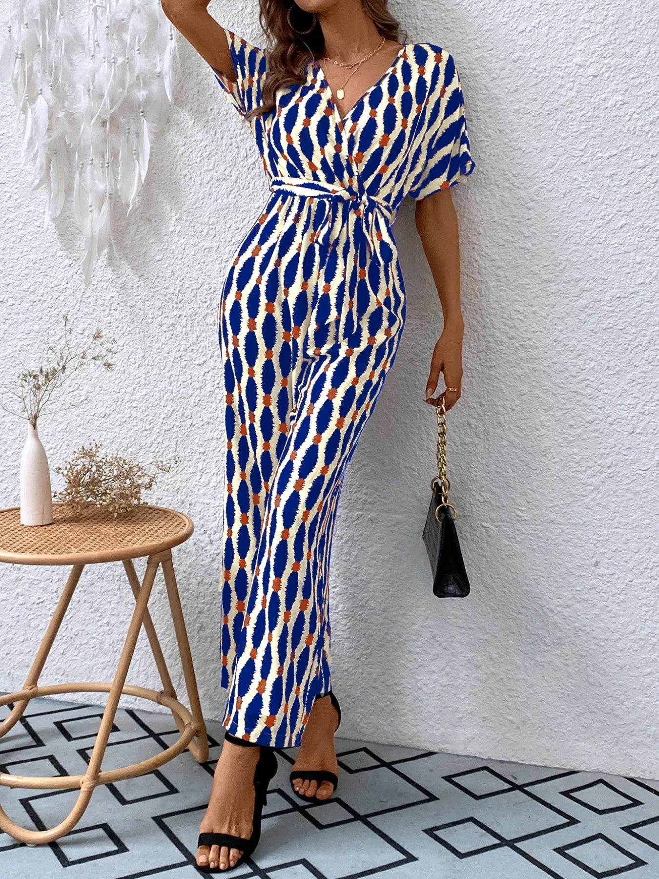 Printed Surplice Tie Waist Short Sleeve Jumpsuit