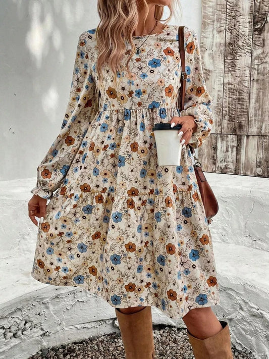 Floral Print Long Sleeve Tiered Dress Apricot