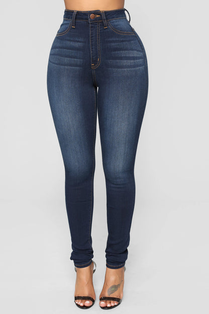 Popular Ultra High Waist Stretch Hip Lift Denim Skinny Pants Dark Blue