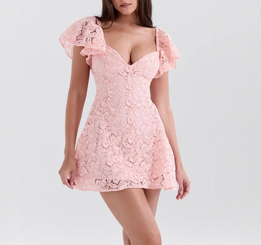 Summer Sweet Girl Vigorous Girly Fresh Dress Elegant V neck Short Dress Sexy Women Pink