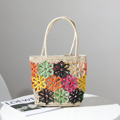 Straw Bag Summer Fresh Cutout Floral Hand Woven Bag Women Bag Portable Seaside Vacation Beach Bag One Size Multi