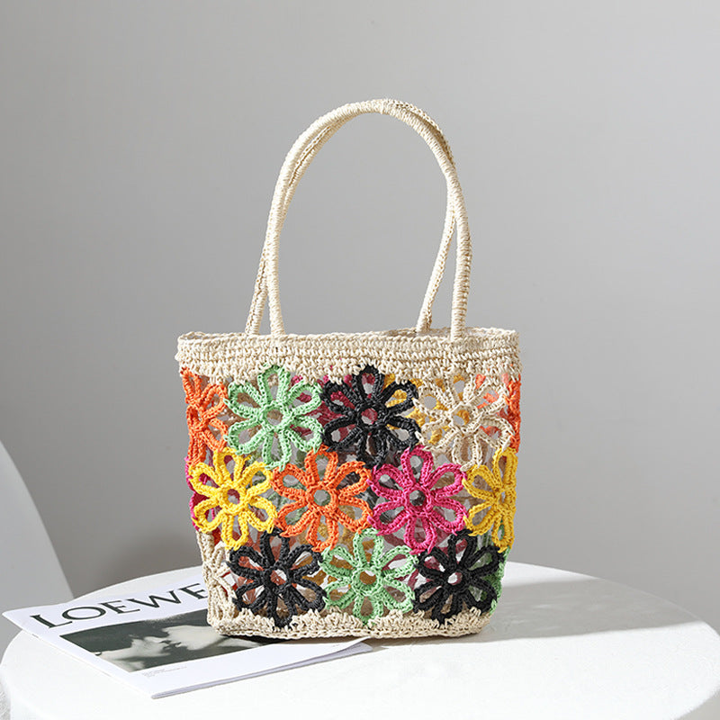 Straw Bag Summer Fresh Cutout Floral Hand Woven Bag Women Bag Portable Seaside Vacation Beach Bag One Size Multi