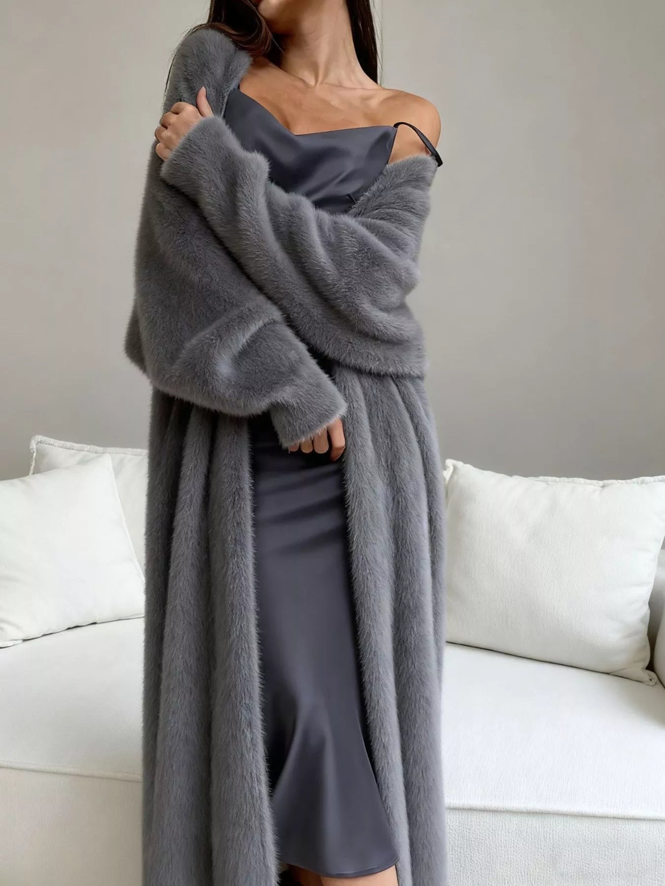 Fuzzy Open Front Longline Cardigan Gray