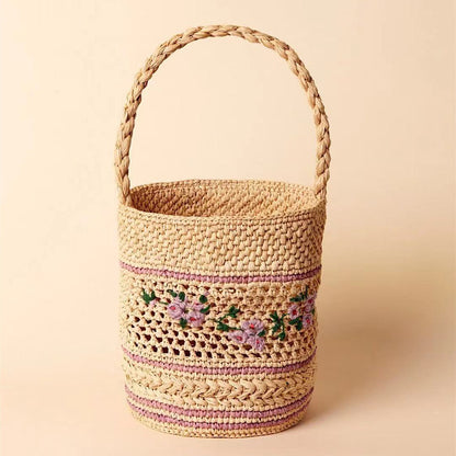 Raffia Floral Embroidery Straw Bag French One Shoulder Portable Straw Bag Woven Bag Seaside Vacation Beach Bag Women Bag One Size Brown
