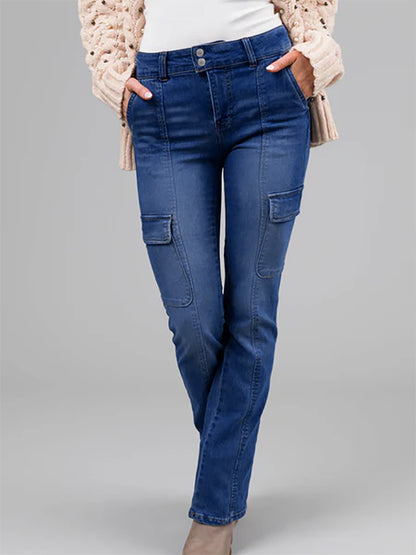 Ladies Double Buckle Waist Stitching Multi Pocket Side Sticker Bag Overalls Denim Stretch Trousers