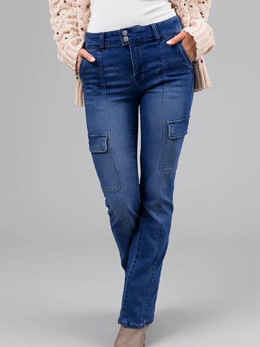 Ladies Double Buckle Waist Stitching Multi Pocket Side Sticker Bag Overalls Denim Stretch Trousers Blue