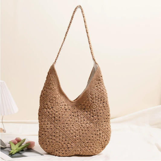 Casual Large Capacity Cotton Thread Woven Bag Hand Crocheted Floral Shoulder Bag Vacation Beach Bag Women Bag