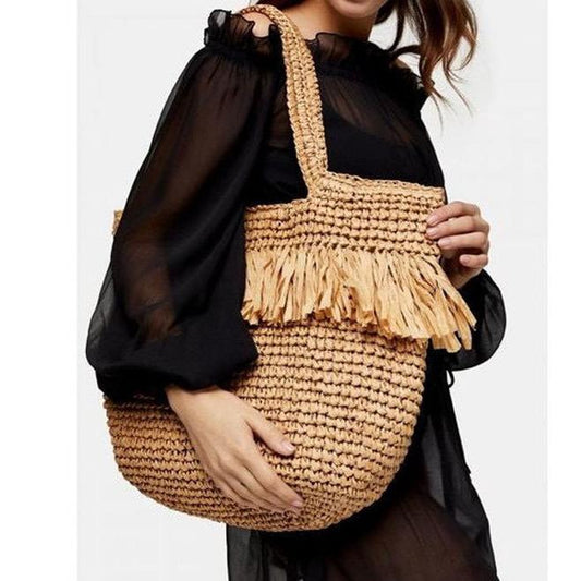 Straw Bag Woven Bag Tassle Straw Bag Seaside Vacation Beach Bag Shoulder Portable Large Capacity Women Bag