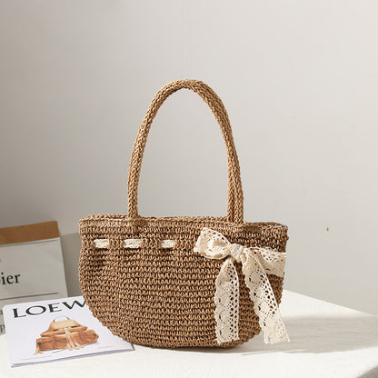 Bow Woven Bag Shoulder Hand Woven Straw Bag Seaside Vacation Beach Bag Women Bag One Size One Shoulder Lace Bow