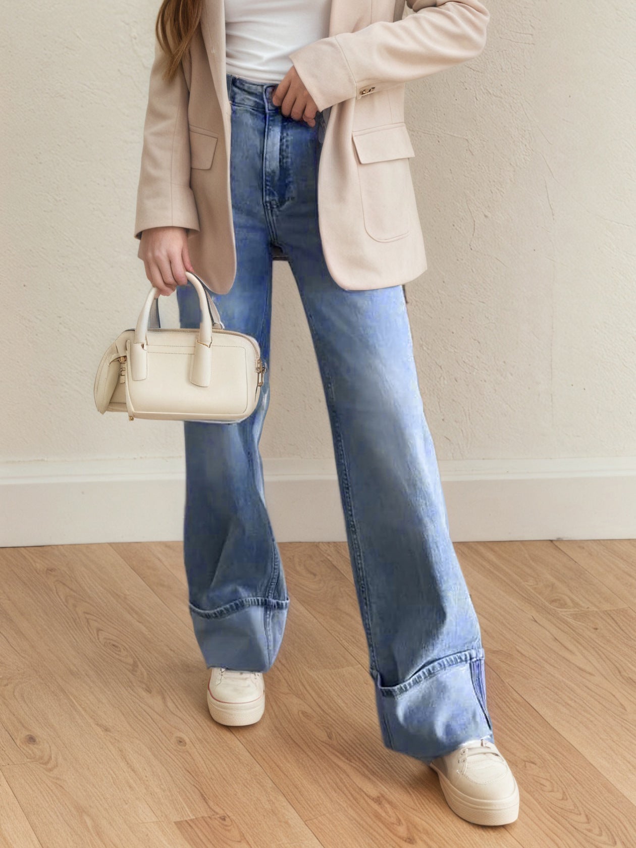 Ladies Micro Elastic Denim Back Foot Straight Slim Wide Leg Trousers Light Blue