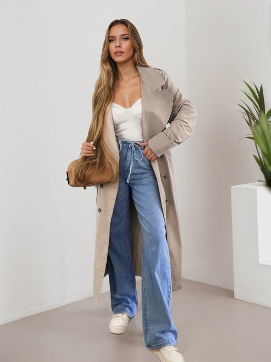 Ladies Elastic Waist Loose Design Lace up Wide Leg Denim Straight Leg Trousers Light Blue