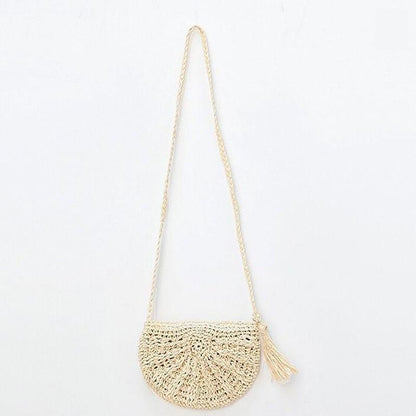Crossbody Bag Women Handmade Straw Bag Shoulder Tassel Crochet Woven Bag Vacation Beach Bag One Size Beige