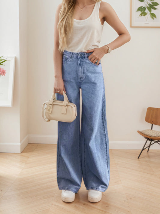 Nostalgic Light Color Stretch High Waist Loose Retro Wide Leg Denim Trousers Light Blue