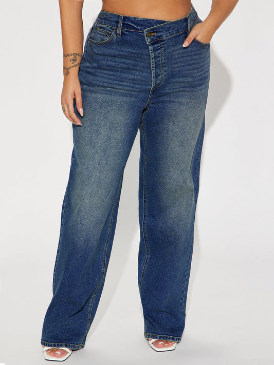 Women Clothing Oblique High Waist Pencil Pants Crossover Straight Leg Stretch Denim Straight Navy Blue