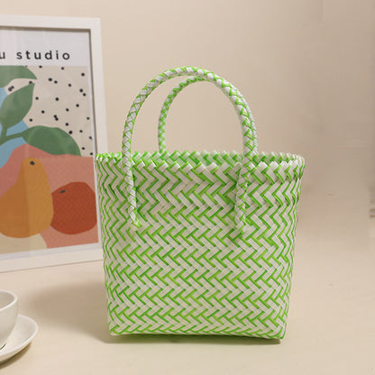 Cute Portable Plastic Woven Bag Fresh Square Straw Bag Vacation Beach Bag All Match Vegetable Basket Bag One Size Green and White