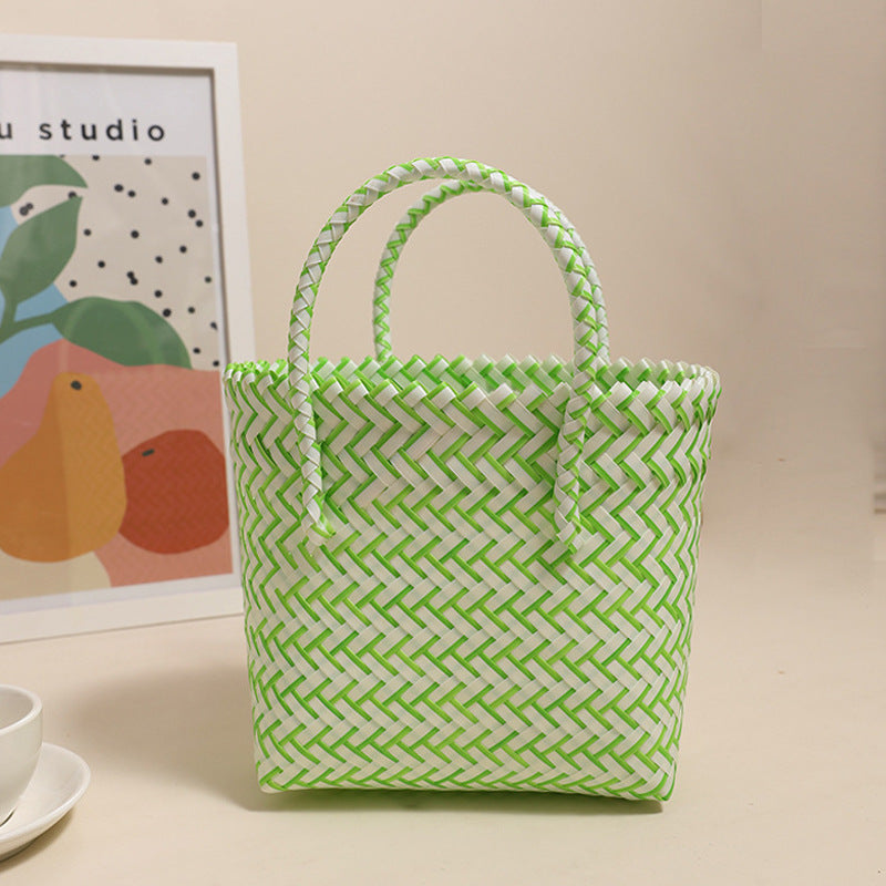 Cute Portable Plastic Woven Bag Fresh Square Straw Bag Vacation Beach Bag All Match Vegetable Basket Bag One Size Green and White