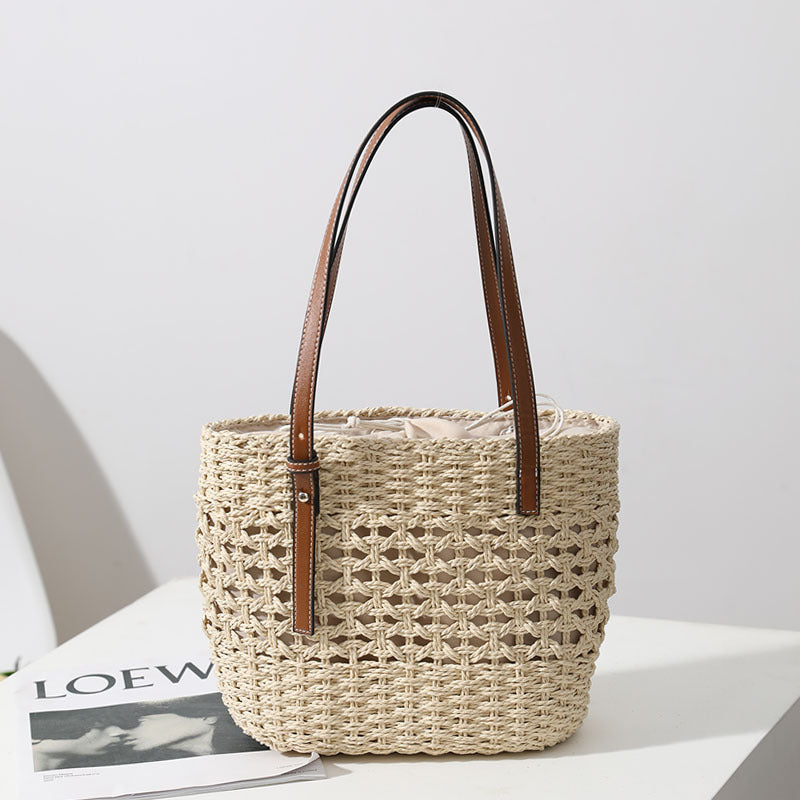 Straw Woven Bag Women Hollow Out Cutout Handmade Straw Bag Woven Bag Shoulder Portable Straw Weaved Bag Seaside Vacation Beach Bag One Size Creamy