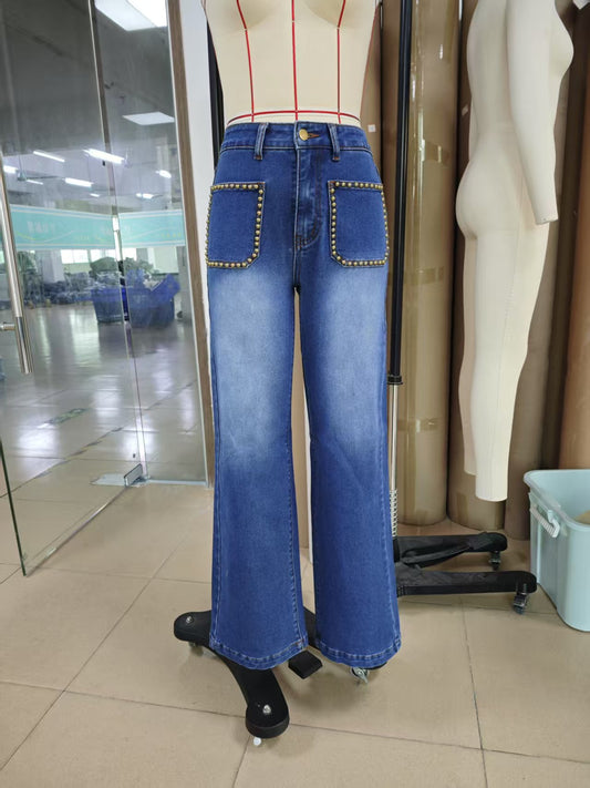 Rivet Inlaid Pocket Wide Foot Mouth Washed Denim Slim Straight Trousers Navy Blue