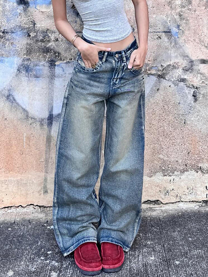 Ladies Loose Back Pocket plus Fold Front Pocket Seam Denim Wide Leg Non Elastic Trousers Sea Blue