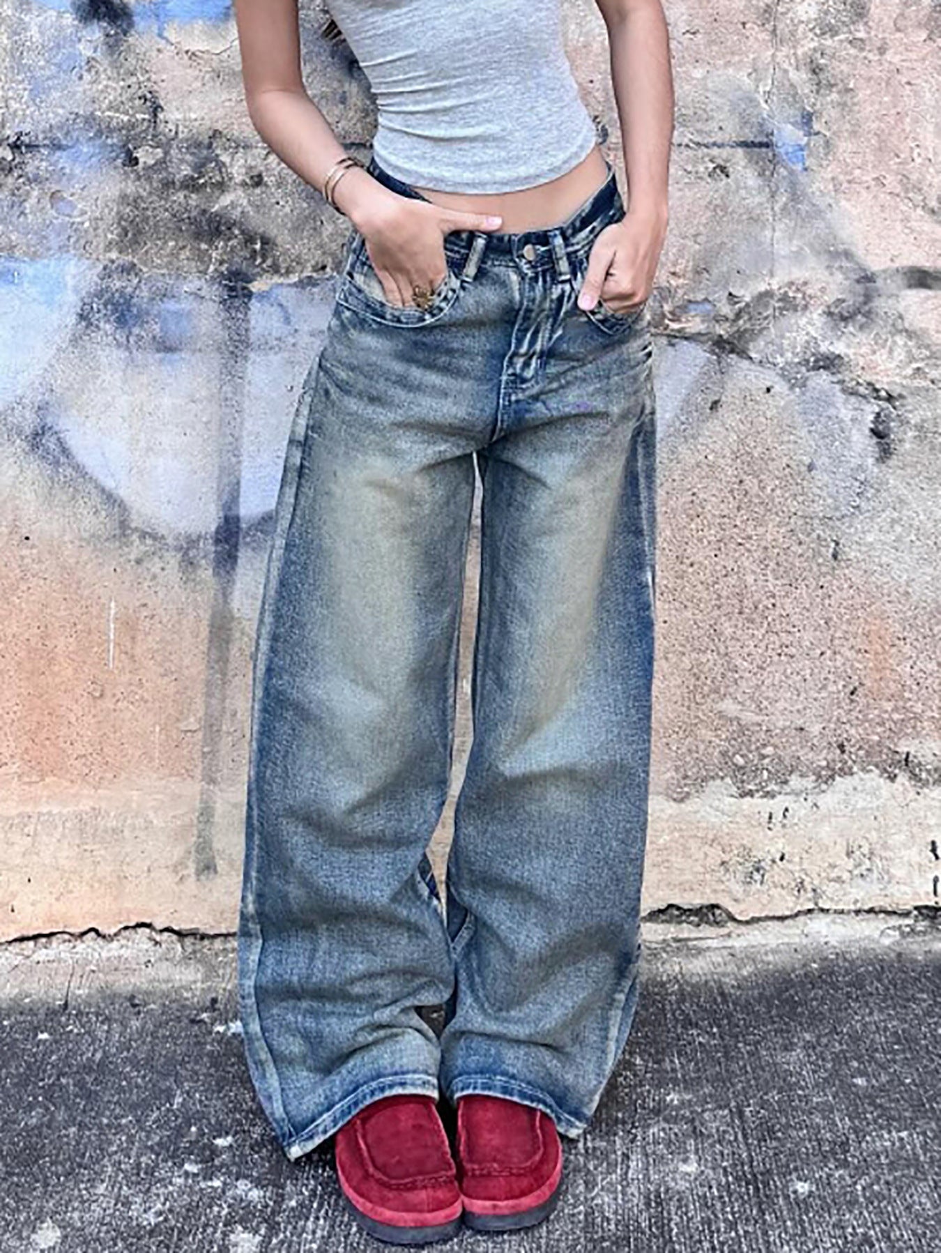 Ladies Loose Back Pocket plus Fold Front Pocket Seam Denim Wide Leg Non Elastic Trousers Sea Blue