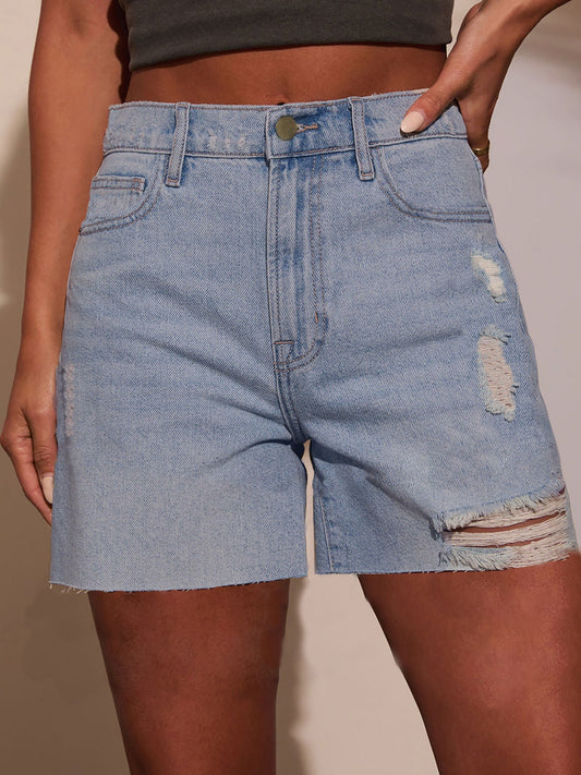 Women Denim Shorts with Ladies Holes Micro Elastic Holes Light Blue