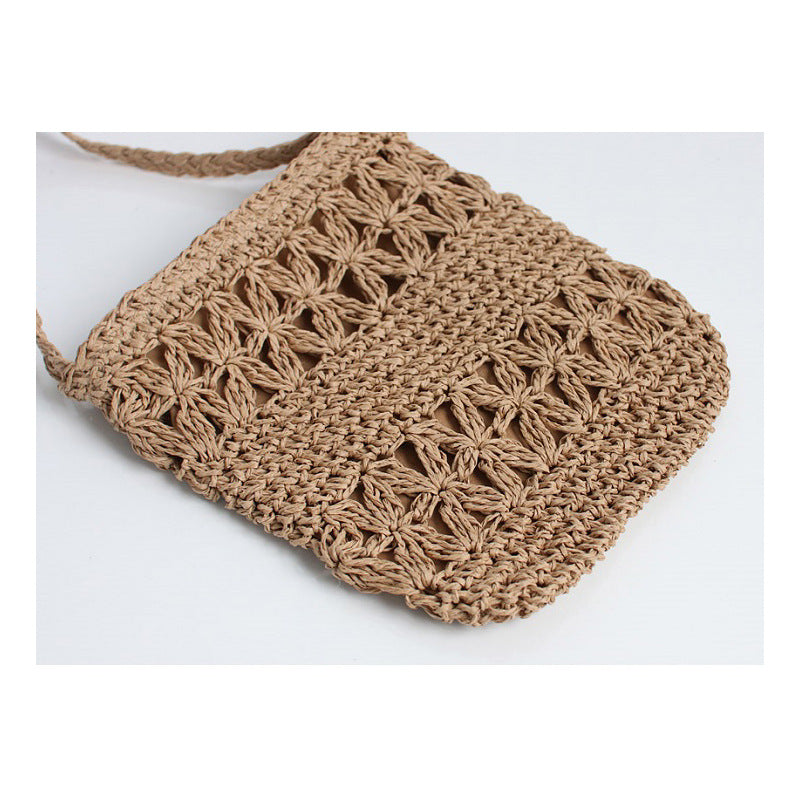 Wooden Bead Tassel Straw Bag Hollow Out Cutout Floral Crossbody Bag Tassel Straw Bag Woven Bag Holiday Beach Bag One Size Double Layer Flower Coffee Color