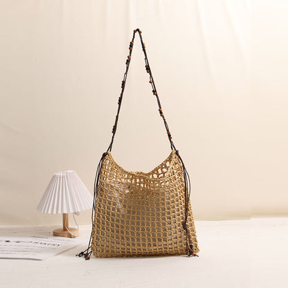 Summer Straw Woven Bag With Lace Up Pattern Suitable For Women Beach Vacation Beach Bag One Size Wooden Bead Net Pocket Coffee inside