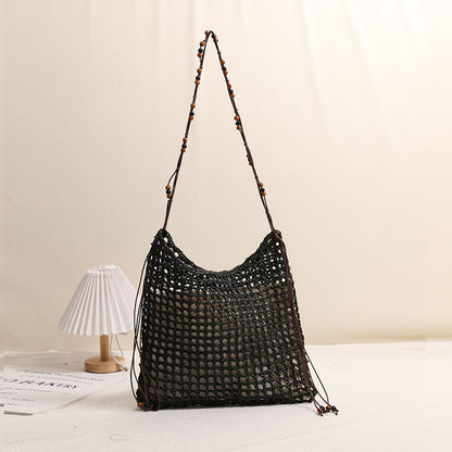Summer Straw Woven Bag With Lace Up Pattern Suitable For Women Beach Vacation Beach Bag One Size Wooden Bead Net Pocket Black inside