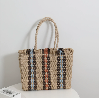 Vertical Stripes Straw Bag Woven Bag Women Simple Large Capacity Portable Shoulder Vacation Beach Bag One Size Vertical Bar Red Blue Orange