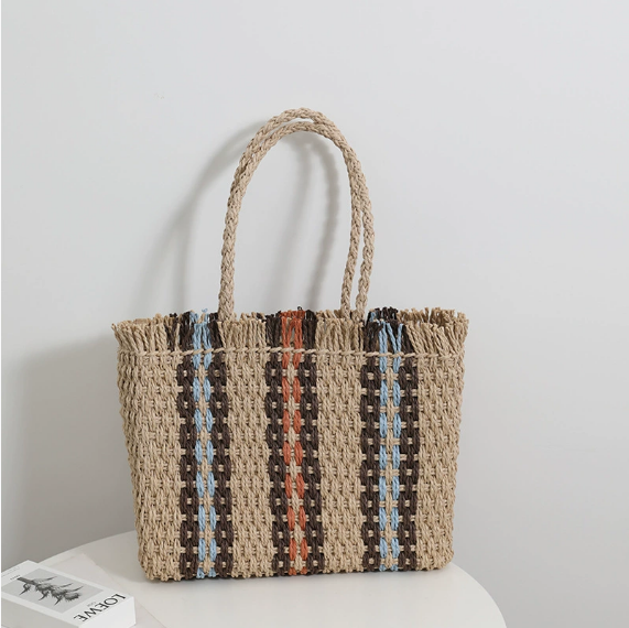 Vertical Stripes Straw Bag Woven Bag Women Simple Large Capacity Portable Shoulder Vacation Beach Bag One Size Vertical Bar Red Blue Orange