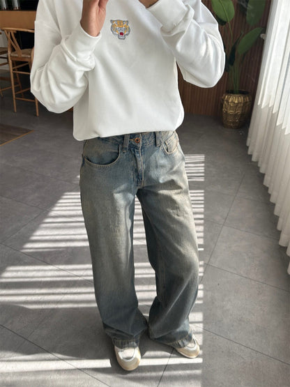 Ladies Retro Micro Elastic Heavy Industry Wash Straight Wide Leg Loose Denim Trousers Slabstone gray